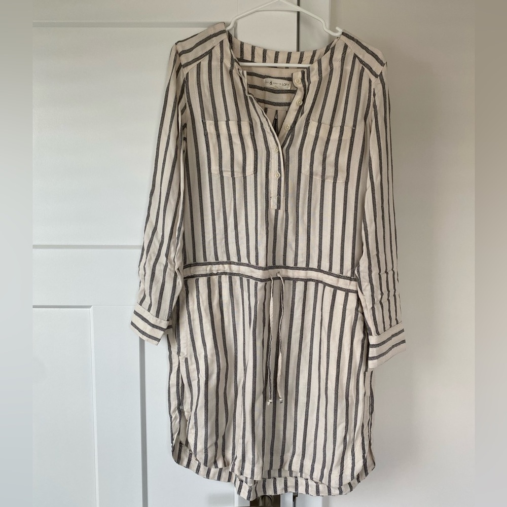 Lou & Grey for Loft Drawstring Long Sleeve Striped Shirt Dress